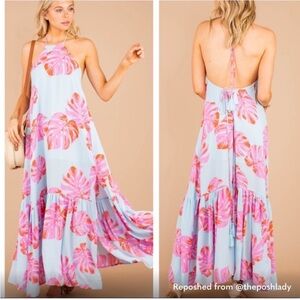 Buddy Love Halter Maxi Dress in Light Blue with Pink Leaf Print, S